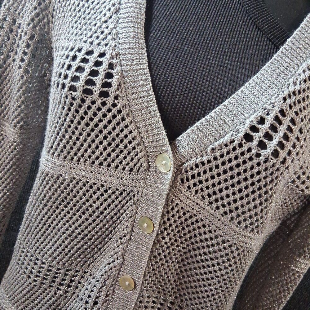 Studio Y Sweater Button Down Cardigan Gray w-Metallic Threads Classy Glam Sz M - Picture 6 of 8